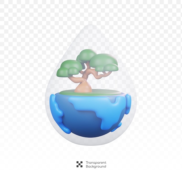 PSD 물방울 안에 나무가 있는 지구 행성 세계 물의 날 아이콘 3d 렌더 만화 스타일