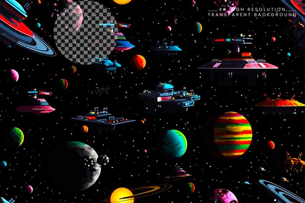 Planets and spaceships floating in the space on transparent background