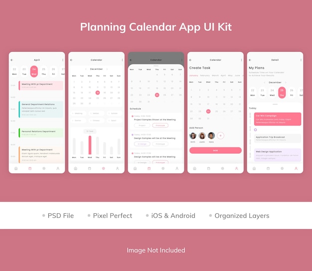 PSD kit di interfaccia utente dell'app calendario di pianificazione