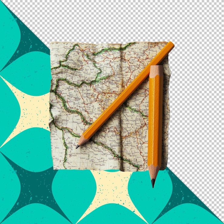 PSD planning a journey vintage map with pencils