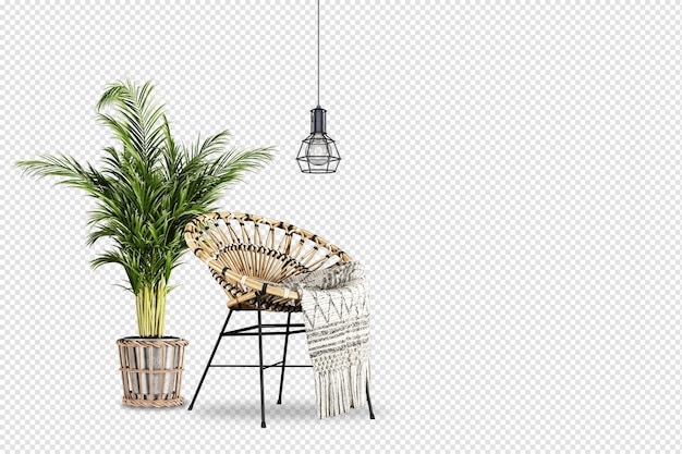 Pianta e sedia nel rendering 3d