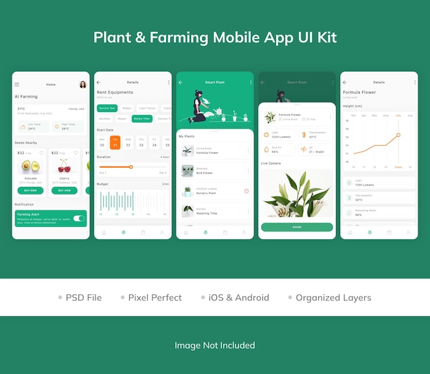 PSD kit dell'interfaccia utente dell'app mobile per piante e agricoltura