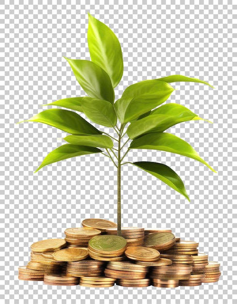 Plant in gold coins depicting business growth isolated on transparent background