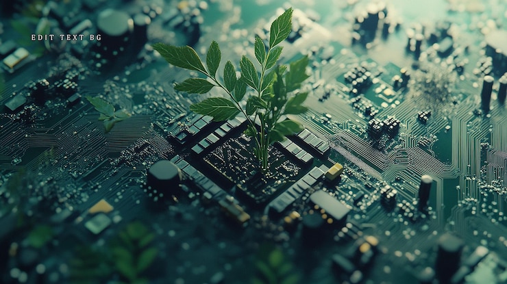 PSD plant growing from a circuit board symbolizing technological growth and nature