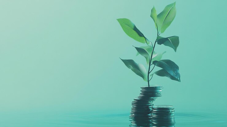 PSD plant growing from stack of coins reflecting on teal surface