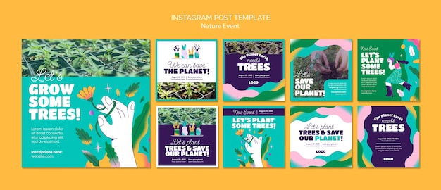 PSD raccolta di post di instagram per eventi di piantare alberi con forme astratte