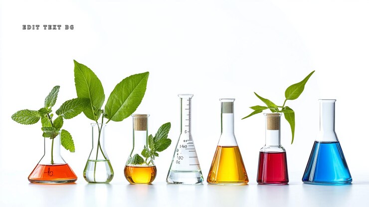 PSD plants and colorful liquids in laboratory glassware on white background
