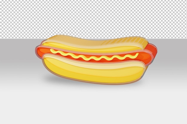 Płaski hot dog wykonany w obiekcie 3d i renderowany w cyklu od górnej połowy do prawej