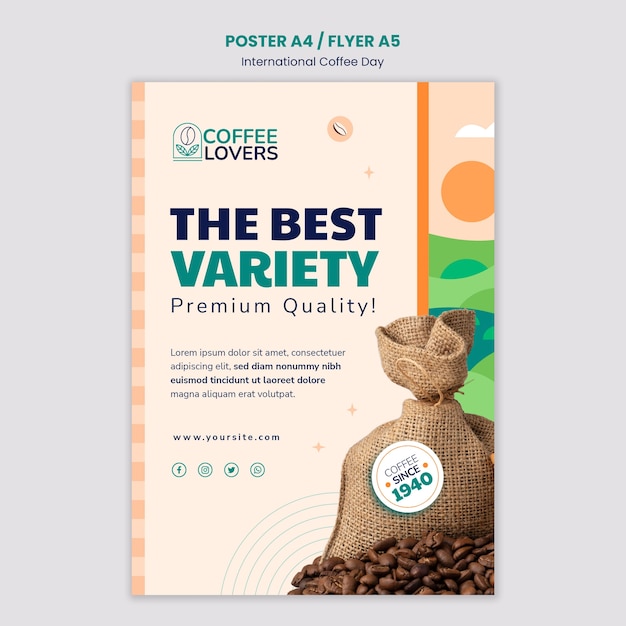 PSD płaski projekt szablonu plakatu międzynarodowego dnia kawy