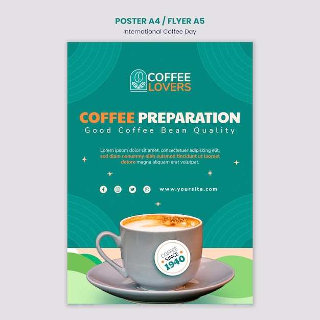 Płaski projekt szablonu plakatu międzynarodowego dnia kawy