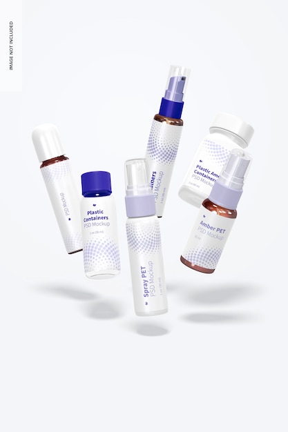 plastic amenity containers mockup, floating