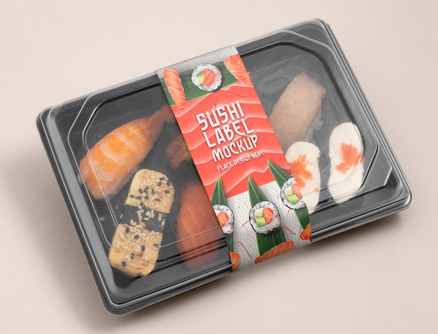 PSD plastic asian food packaging with sushi label mock-up