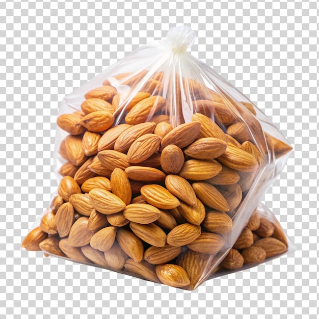 PSD a plastic bag filled with almonds is placed on a clean on transparent background