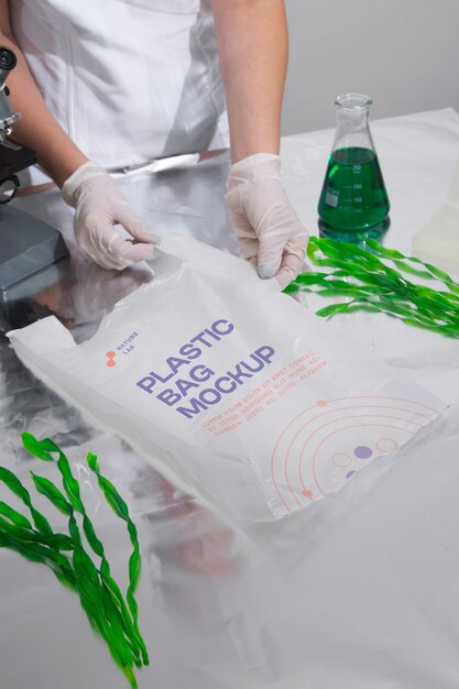 PSD plastic bag mockup with seaweed