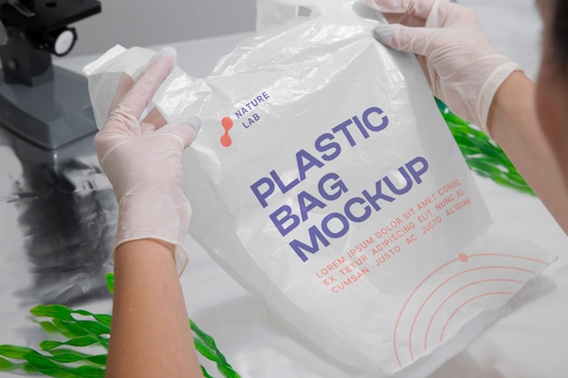 PSD mockup di sacchetto di plastica con alghe
