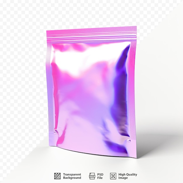 A plastic bag with purple and pink on it.