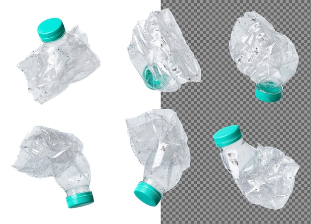 Plastic Bottle fall fly in mid air pet plastic bottle floating explosion with green lid Used twist water plastic bottles throw in air White background isolated freeze motion high speed shutter