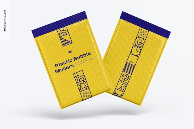 Plastic bubble mailers mockup, floating