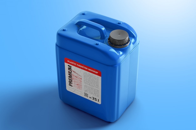 Plastic canister for liquid with label mockup