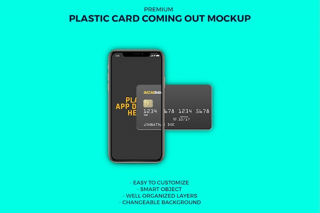 PSD plastic card coming out from smartphone mockup