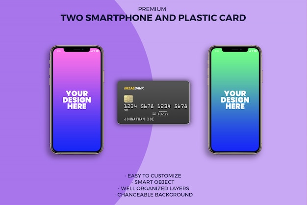 PSD plastic card with two smartphone mockup