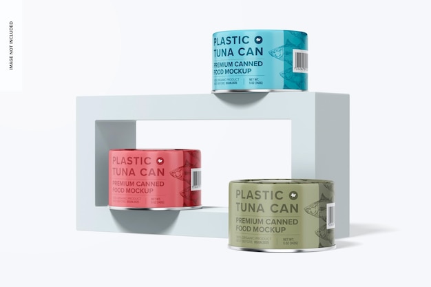 PSD plastic coated tuna cans set mockup