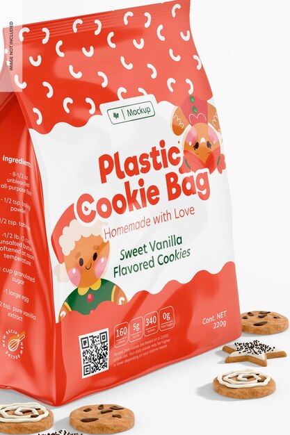 プラスチック製のクッキーバッグのモックアップ、クローズアップ