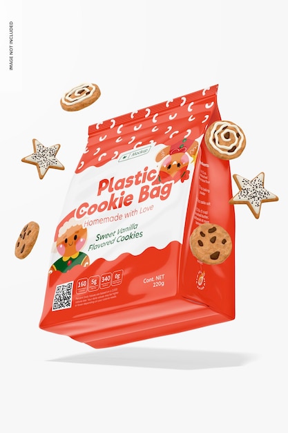 Plastic cookie bag mockup, falling