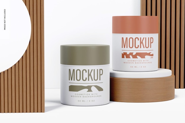 Plastic cream jars with wooden background mockup