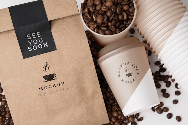 plastic cup and paper bag for coffee