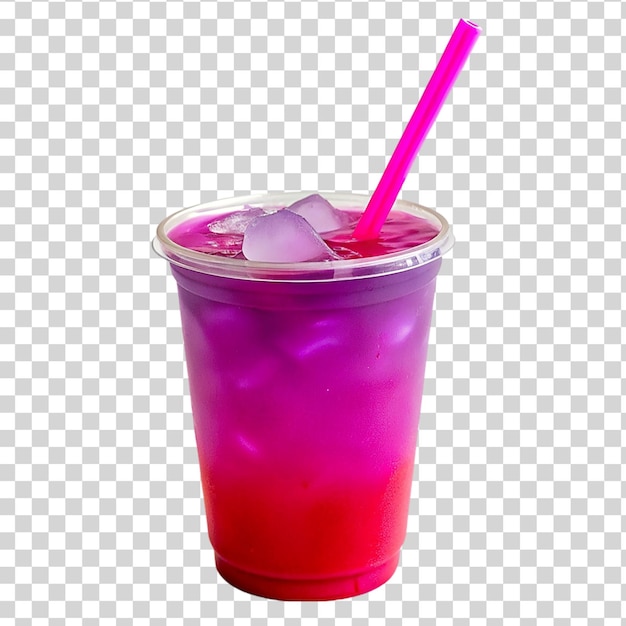 PSD 透明な背景に明るいピンクと紫の液体を隔離したプラスチックカップ