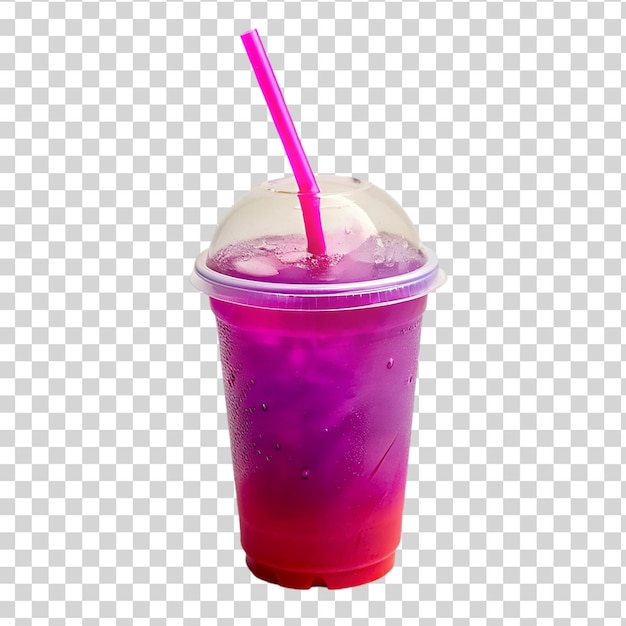 PSD plastic cup with bright pink and purple liquid isolated on transparent background