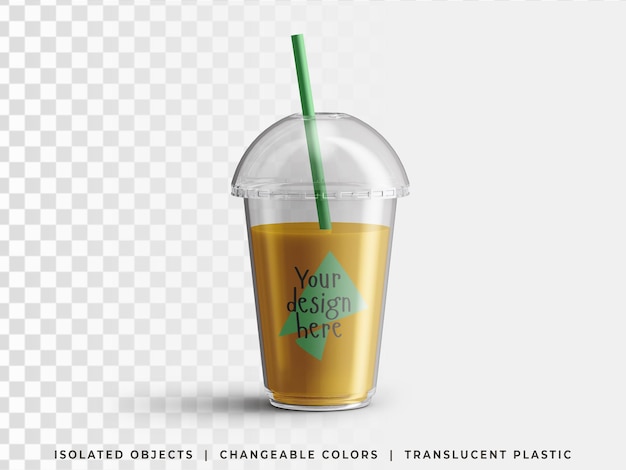 PSD plastic disposable takeaway cold summer smoothie drink transparent cup packaging with straw isolated