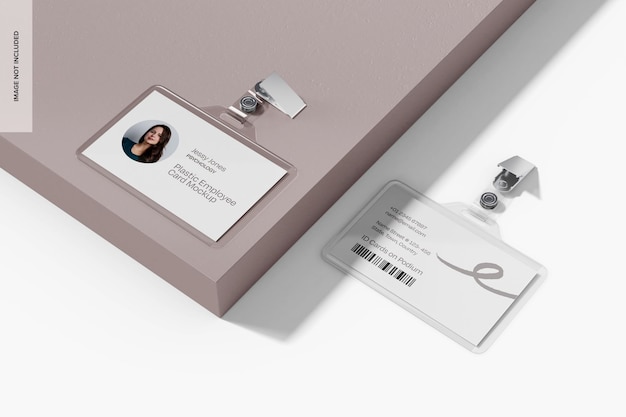PSD plastic employee cards mockup perspective