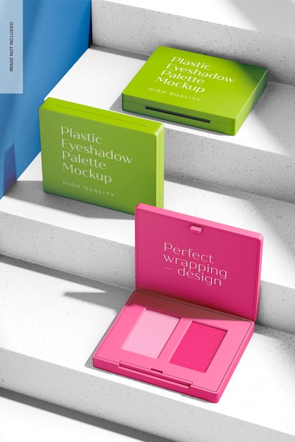 Plastic eyeshadow palettes mockup, high angle view