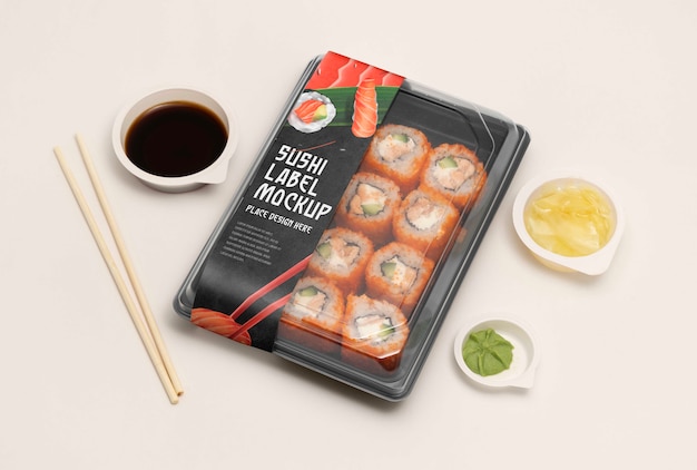 Plastic food packaging with sushi label mock-up