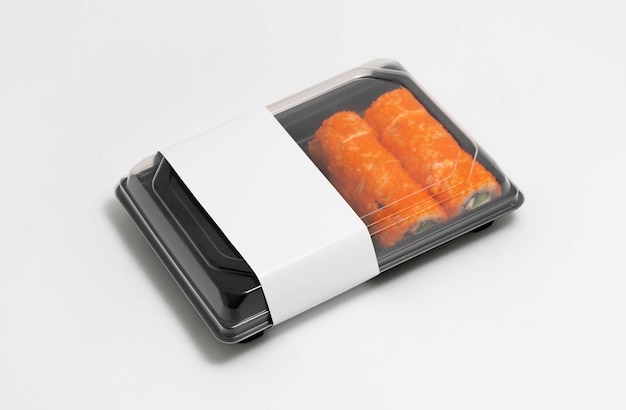 PSD plastic food packaging with sushi label mock-up