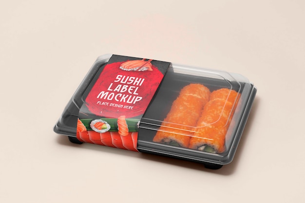 PSD plastic food packaging with sushi label mock-up