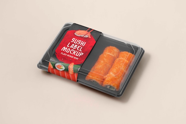 PSD plastic food packaging with sushi label mock-up