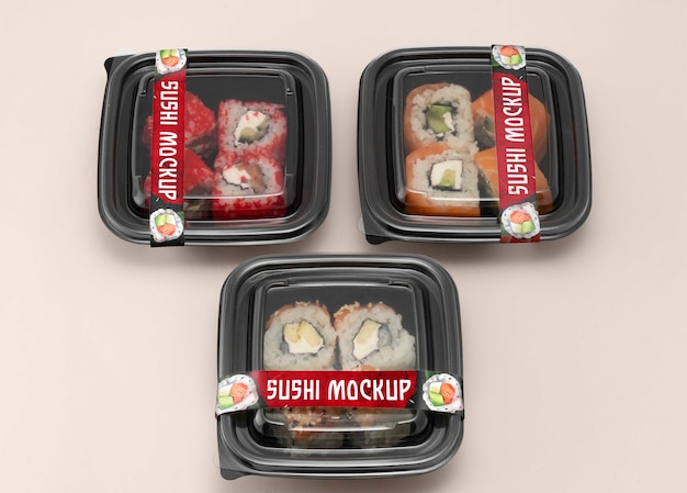 Plastic food packaging with sushi label mock-up