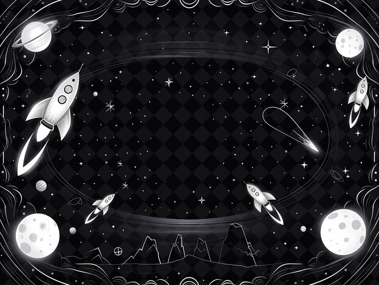 PSD plastic frame with glow in the dark strings and spaceship de png kreatywny projekt tła