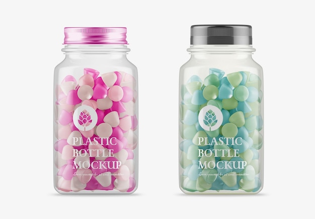 PSD barattolo di plastica con rendering 3d di gummies mockup