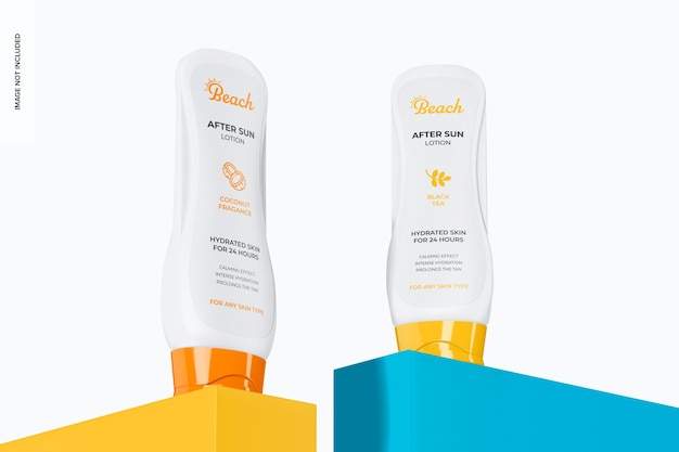 PSD plastic large sunscreen bottles mockup low angle view