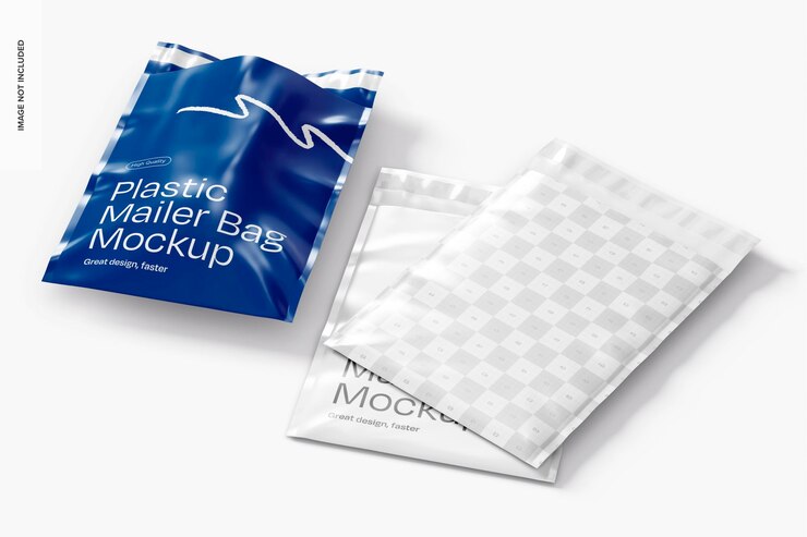 PSD plastic mailer bags mockup perspective