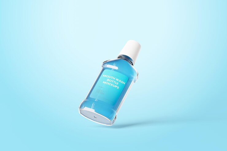 PSD plastic mouthwash bottle with blue liquid mockup
