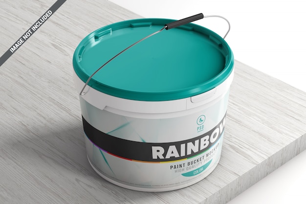 PSD plastic paint bucket on a wooden surface mockup