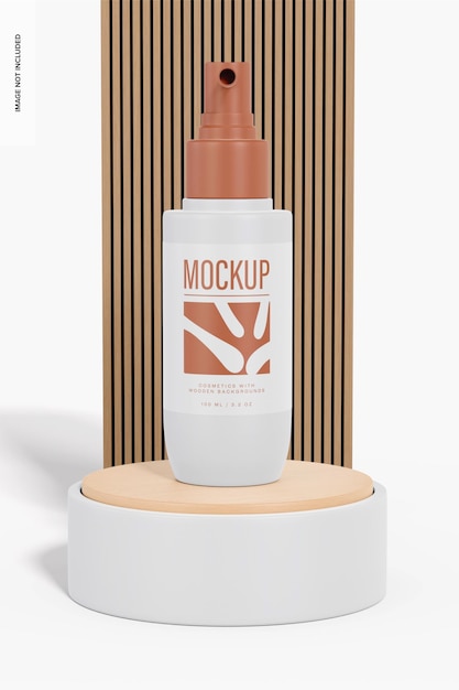 plastic pump bottle on wooden stage mockup, front view