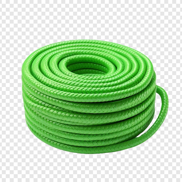 A plastic rope of green color is coiled and placed isolated on transparent background