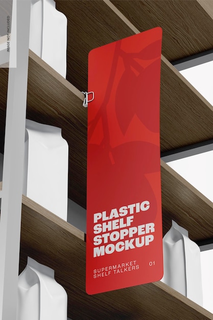 PSD plastic shelf stopper mockup, low angle view