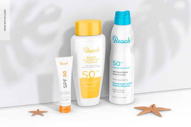 Plastic sunscreen bottles mockup side view